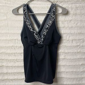 ✨Lands End Black Tankini Swimsuit Top Cross Back Strap Gray Women Sz 8 Sporty EU